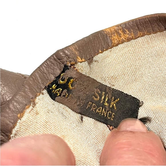 Vintage Taupe Kid Leather Elbow Length Long Gloves with Silk Lining - Picture 9 of 9